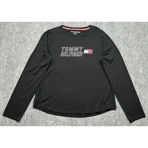 Tommy Hilfiger Sport Shirt Womens Size M Black Logo Round Neck Long Sleeve New
